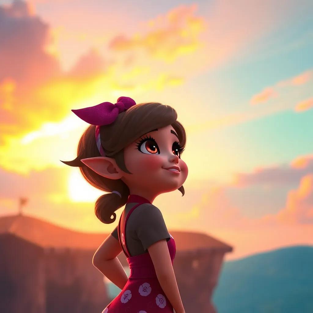 Lulu, looking confidently towards the sky, with a beautiful sunset behind her as she prepares for her flying show, an inspiring and magical moment, warm colors, captivating view, high quality