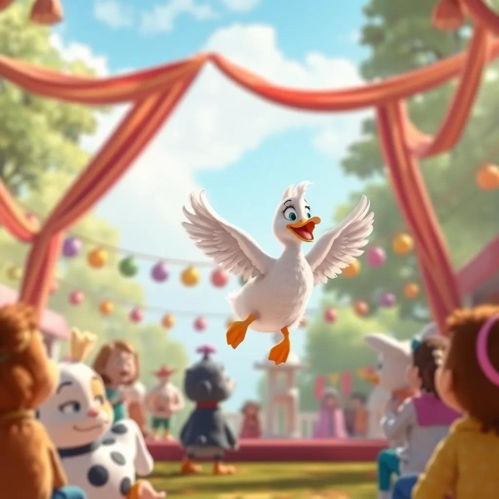 The performance scene with Lulu the duck gracefully flying in the air, surrounded by friends watching from the ground, showcasing a beautiful afternoon with colorful decorations, illustration, exciting ambiance, high quality