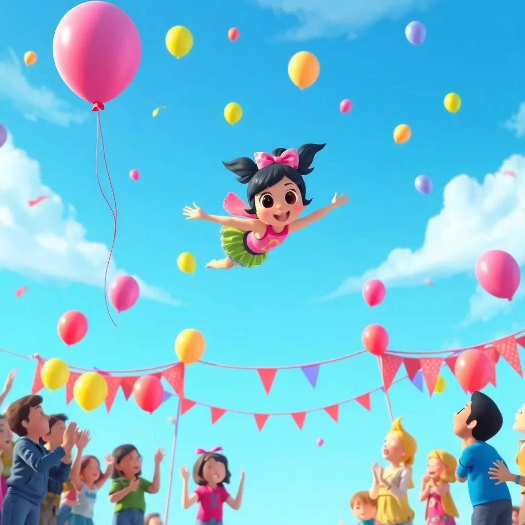 Lulu flying elegantly in the sky, performing tricks, all her friends below cheering and clapping, creating a festive atmosphere with colorful balloons and banners, vibrant and lively imagery, high quality