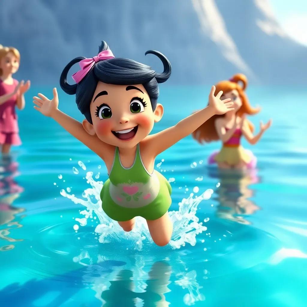 Lulu, splashing into the water with a joyful smile after her flight, her friends applauding nearby, showcasing the happiness of fulfilling a dream, bright colors, uplifting scene, high quality
