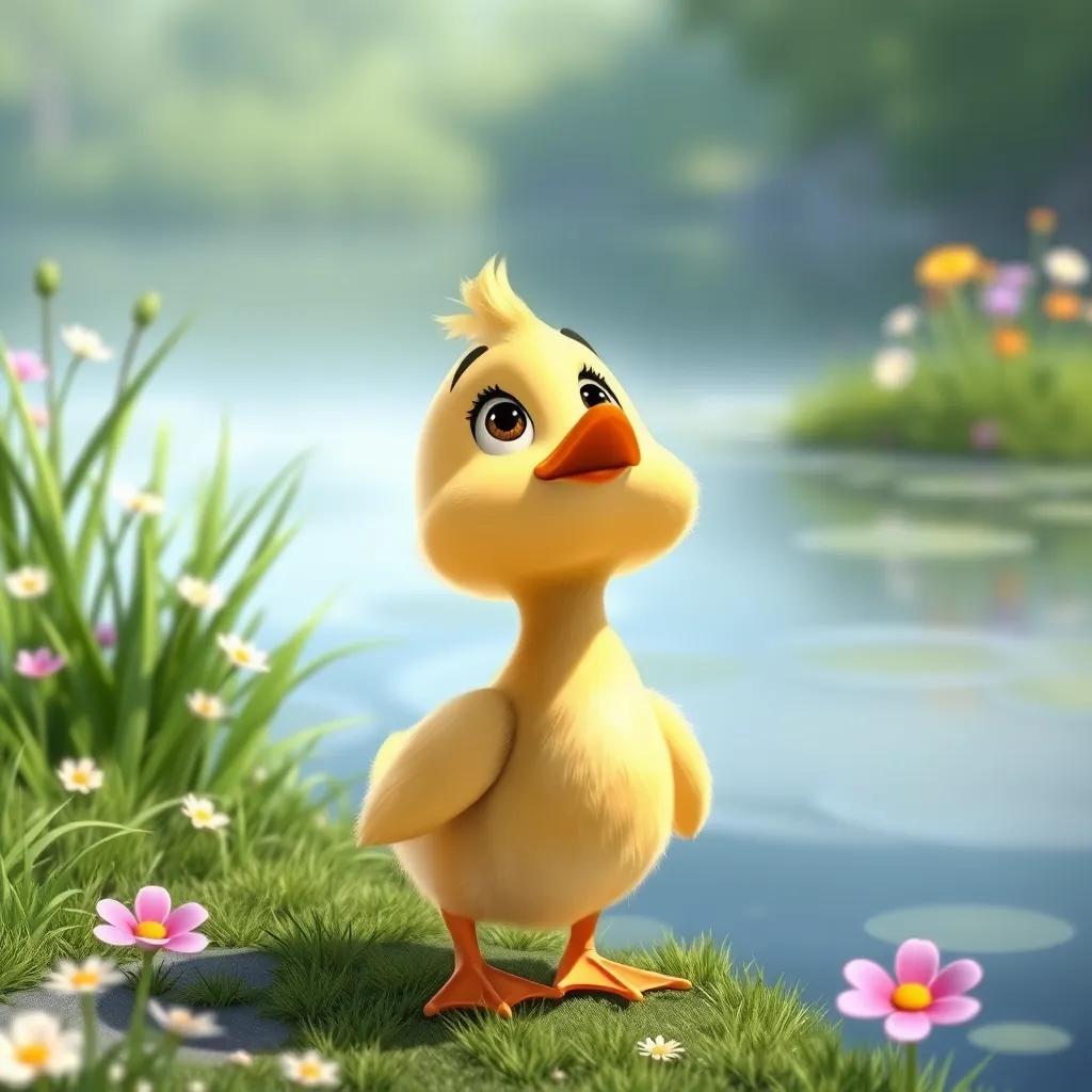 A small duck named Batta, looking up at the sky with hopeful eyes, standing by a pond surrounded by green grass and flowers, cartoonish style, cheerful colors, bright atmosphere, high quality