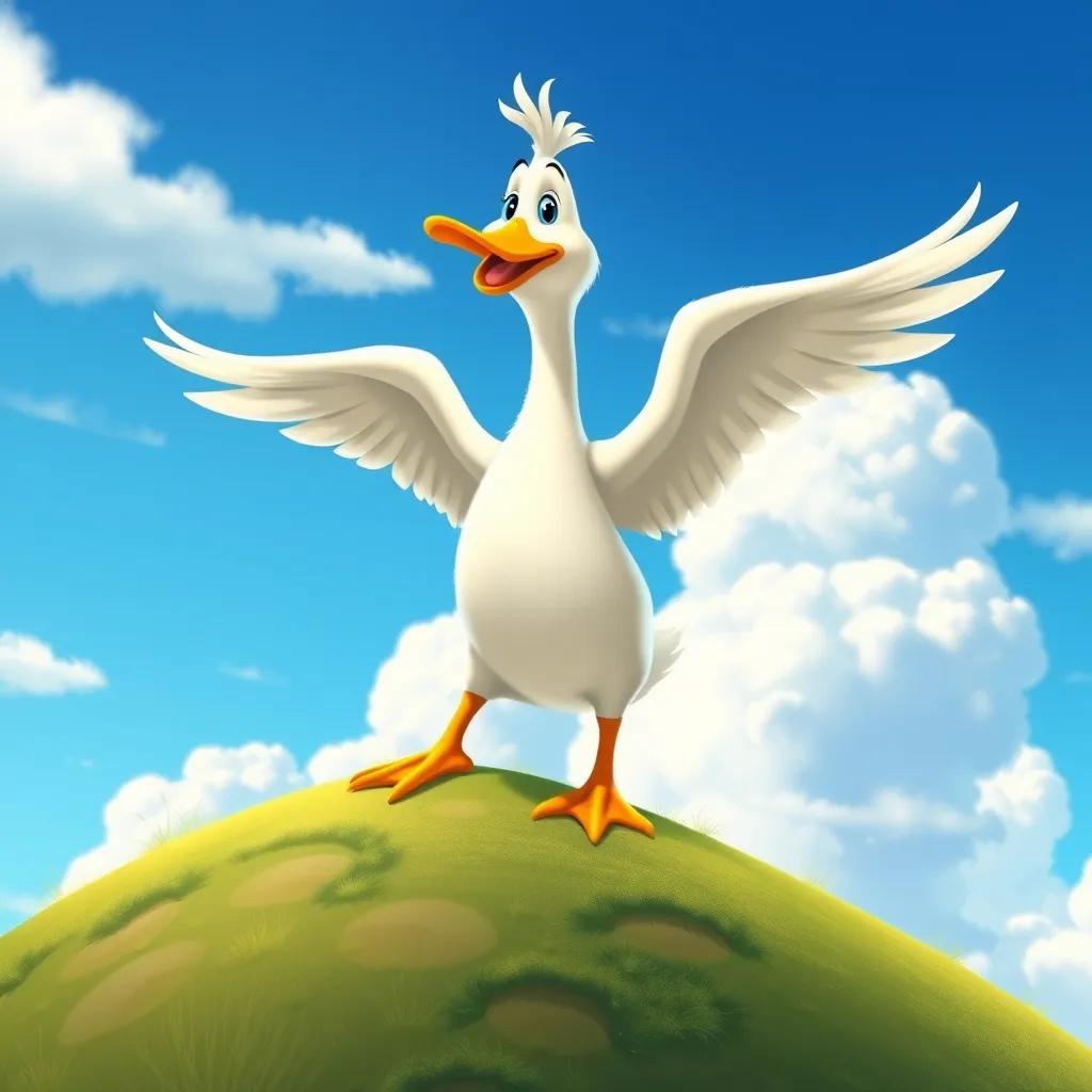 Batta the duck, with wings spread open, on top of a hill trying to fly, a beautiful blue sky and fluffy clouds in the background, whimsical art style, bright colors, inspirational scene, high quality