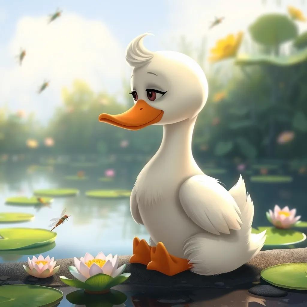 Batta the duck, looking disappointed, sitting by the pond with her head down, surrounded by lily pads and dragonflies, soft colors, serene atmosphere, cartoon style, high quality