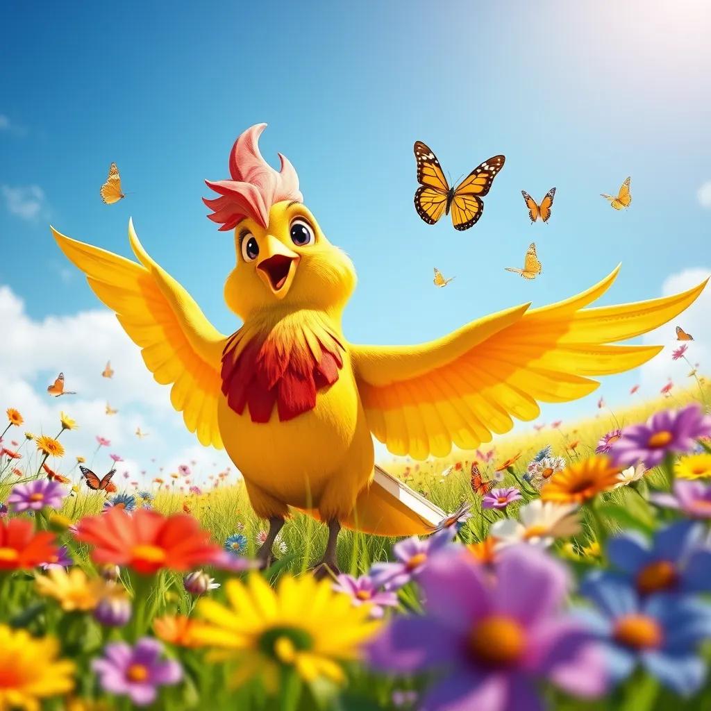 A large colorful bird encouraging Batta, with wings outstretched, in a sunny meadow filled with flowers and butterflies, uplifting art style, vibrant colors, child-friendly perspective, high quality