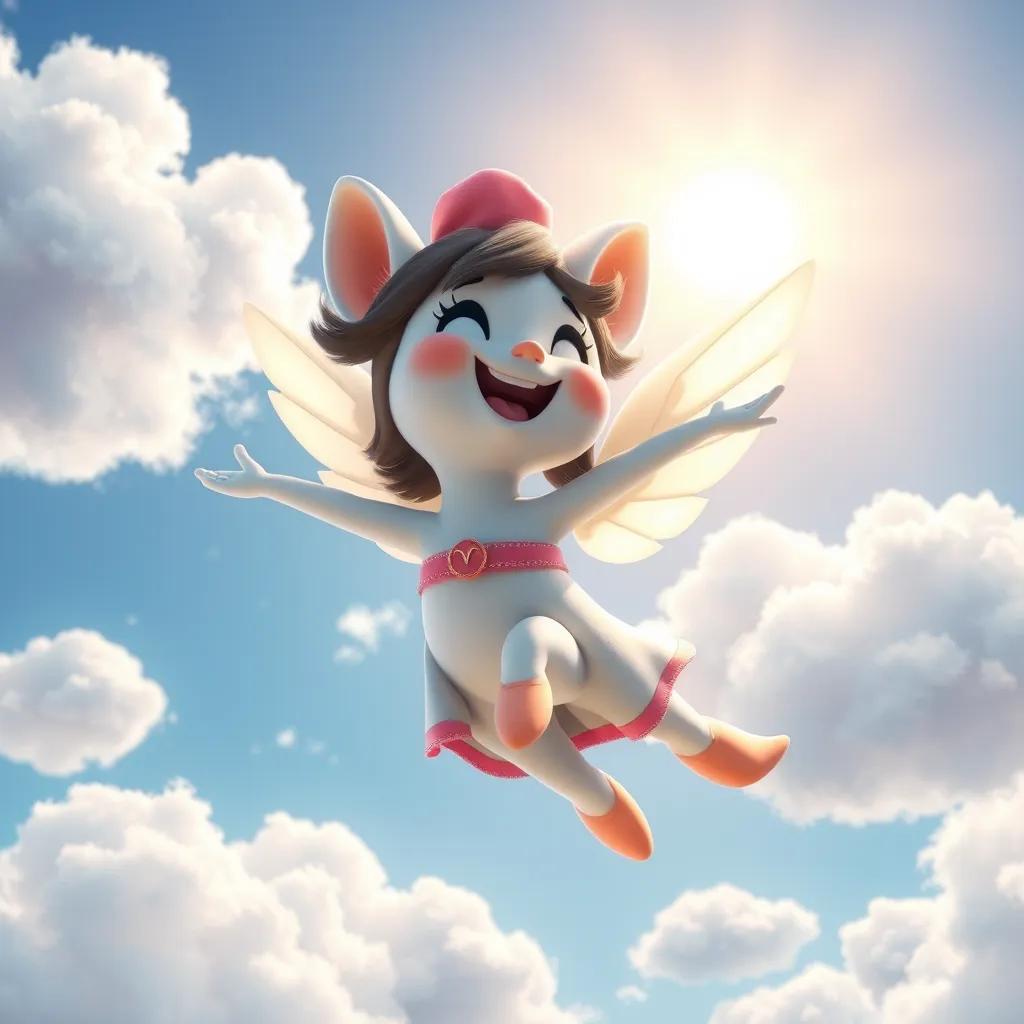 Batta flying happily in the sky, with sunshine and fluffy clouds around her, filled with joy and freedom, digital art, bright and cheerful colors, magical atmosphere, high quality