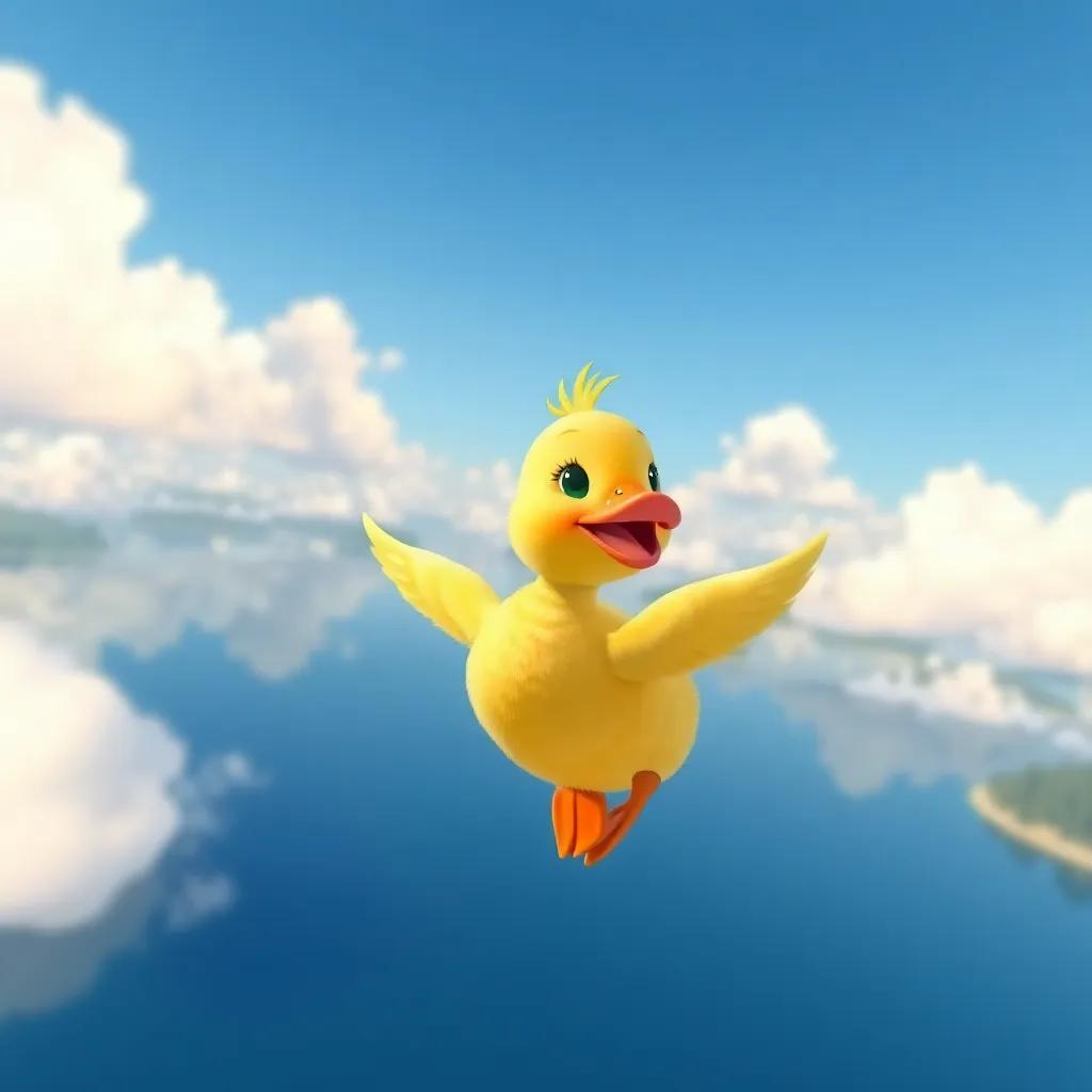 A small duck named Lulu flying above a beautiful lake, wide blue skies and soft clouds, smiling and enjoying the fresh air, digital art, cheerful colors, uplifting scenery, high quality