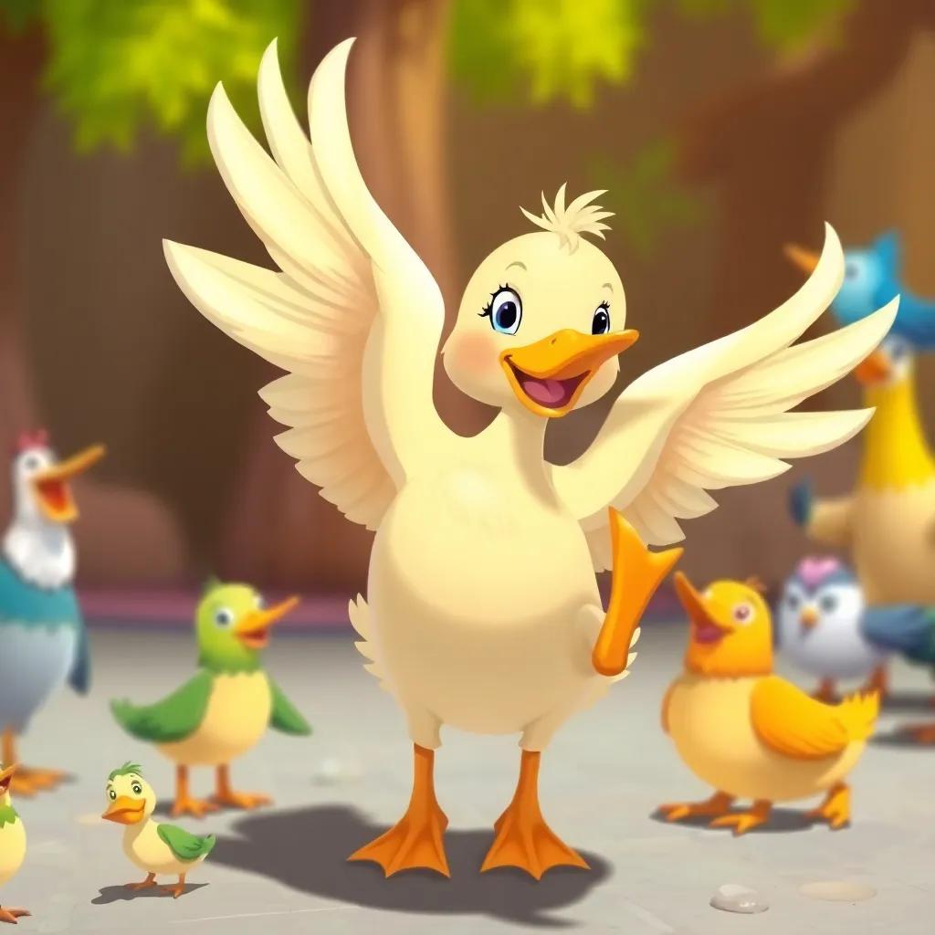 Lulu the duck practicing flying skills, flapping her big soft wings with enthusiasm, surrounded by friendly birds, colorful and lively atmosphere, illustration, playful, joyful