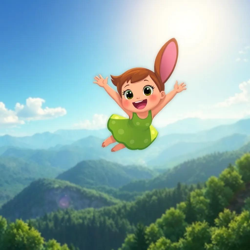Lulu soaring high above green trees and distant mountains, feeling free and happy, a bright sun shining down, vibrant colors, whimsical style, high quality