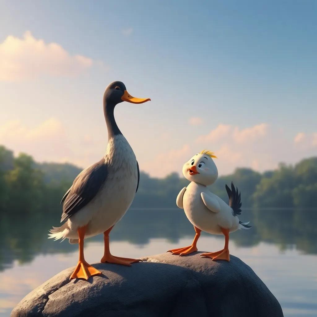 The wise leader duck watching Lulu from below, with a warm smile, perched on a rock by the lake, calm and inspiring atmosphere, realistic illustration, warm tones