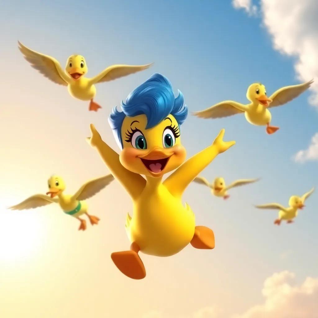Lulu learning to fly in formation with other ducks, smiling and practicing a trick, friendly ducks flying together against a sunny sky, colorful and engaging, cheerful style, high quality