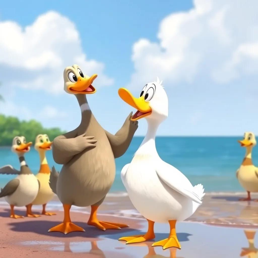 Lulu receiving a compliment from the wise leader duck, standing proudly on the shore, with the other ducks watching with admiration, uplifting and warm, friendly illustration, vivid colors