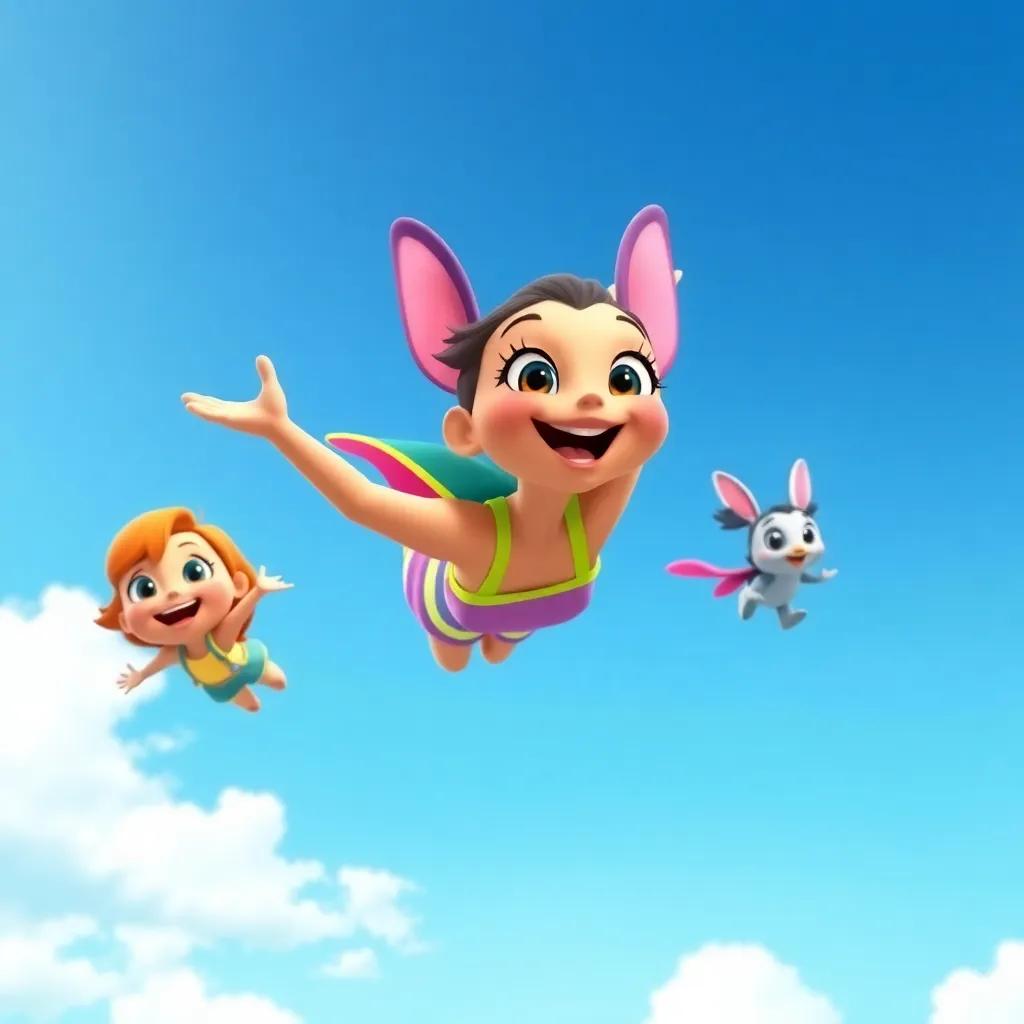 Lulu, excited and smiling, flying joyfully with her friends in a row, beneath a bright blue sky, showcasing teamwork and happiness, vibrant colors, detailed scenery, high quality