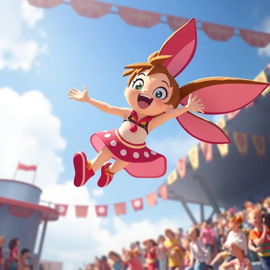 Lulu practicing for the flying competition, performing an impressive stunt in midair with enthusiasm, spectators cheering from below, cheerful environment, bold colors, dynamic angle, high quality