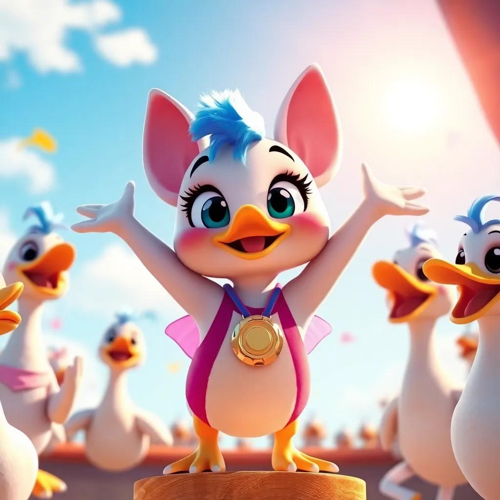 Lulu winning the flying competition, surrounded by cheering duck friends, with a shiny medal around her neck, warm sunlight shining, colorful and bright atmosphere, heartfelt celebration, high quality