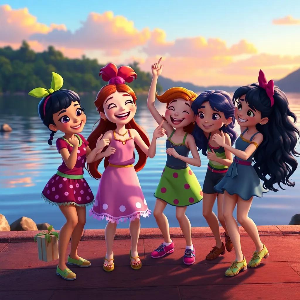 Lulu and her friends celebrating together by the lake, dancing and playing, joyfully enjoying their friendship after the competition, happy smiles, vibrant colors, heartwarming scene, high quality