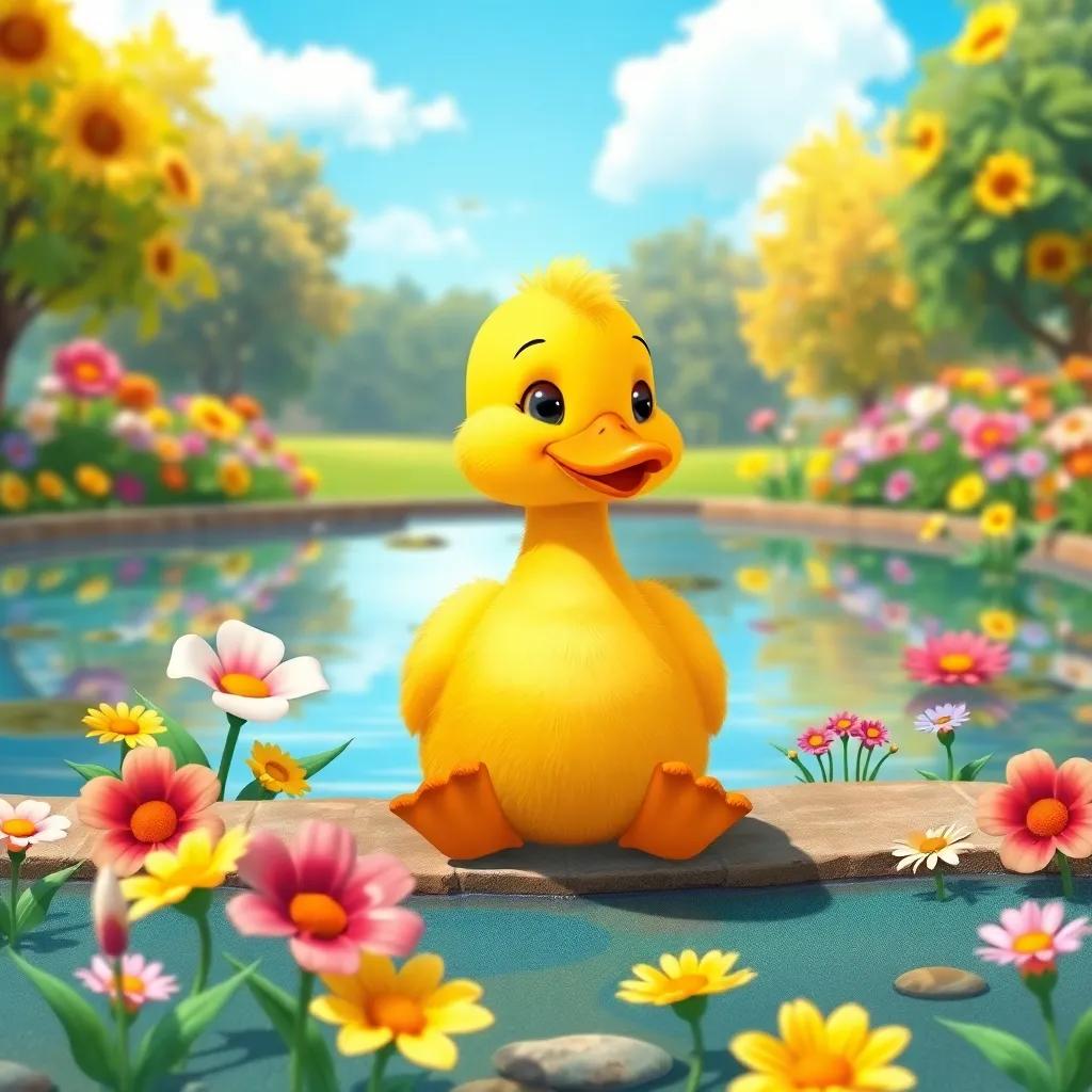 A small yellow duck named Lulu, sitting by a beautiful pond, surrounded by colorful flowers and bright blue Sky, digital art, cheerful and inviting, warm colors, vibrant scene, high quality