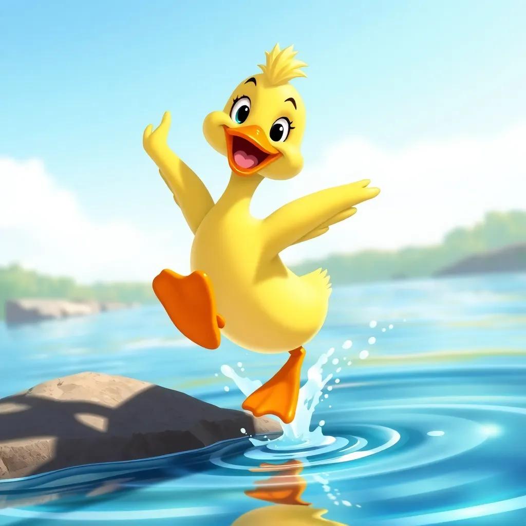 Lulu the duck, jumping off a rock into the water, splashing playfully, with a smile, bright sunny day, happy expression, illustration, friendly and light-hearted, vivid colors