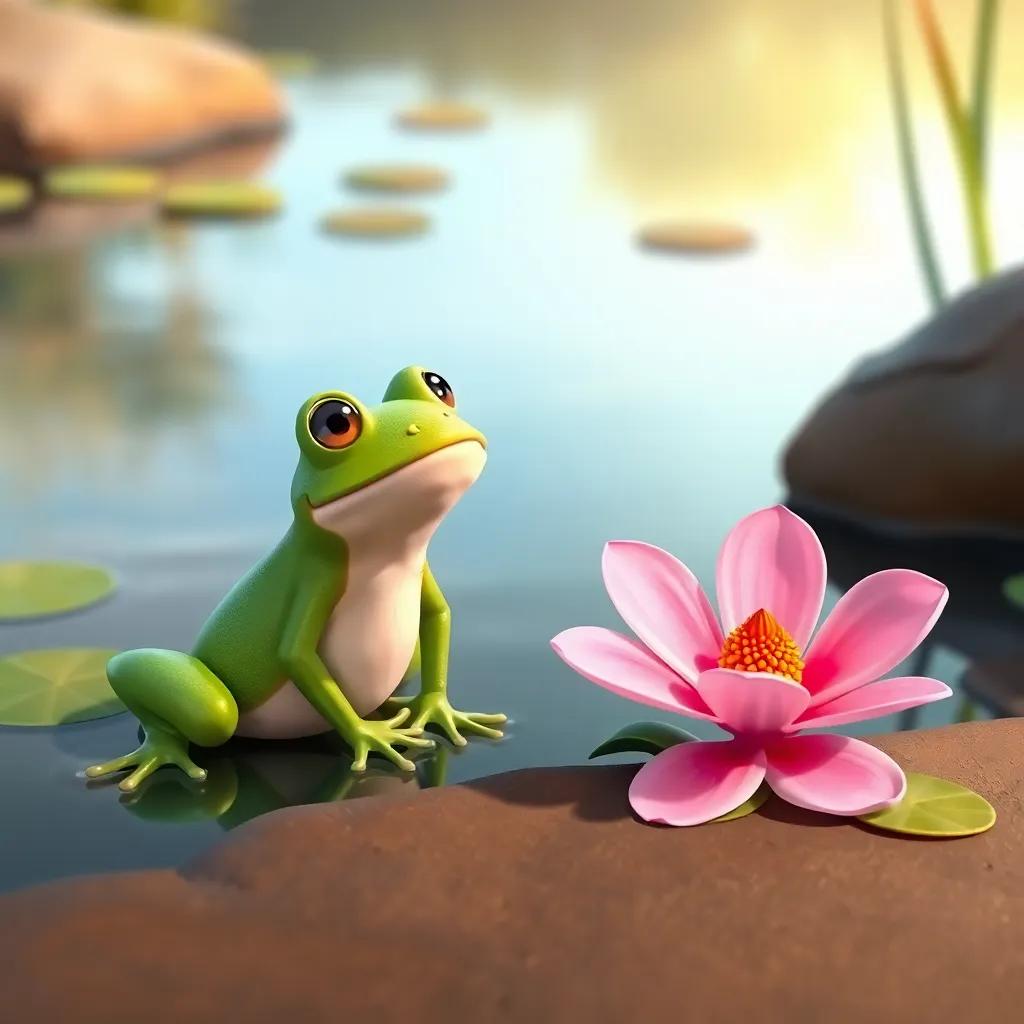 A green frog and a pink flower, looking at Lulu with curiosity, set beside the pond, digital art, engaging atmosphere, cheerful, warm tones, high quality
