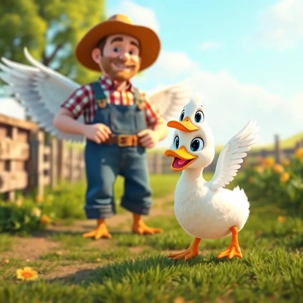 Lulu the duck, excitedly approaching a friendly farmer, who has wings on his back, standing in a sunny farm, digital art, joyful and colorful, fun perspective, high quality