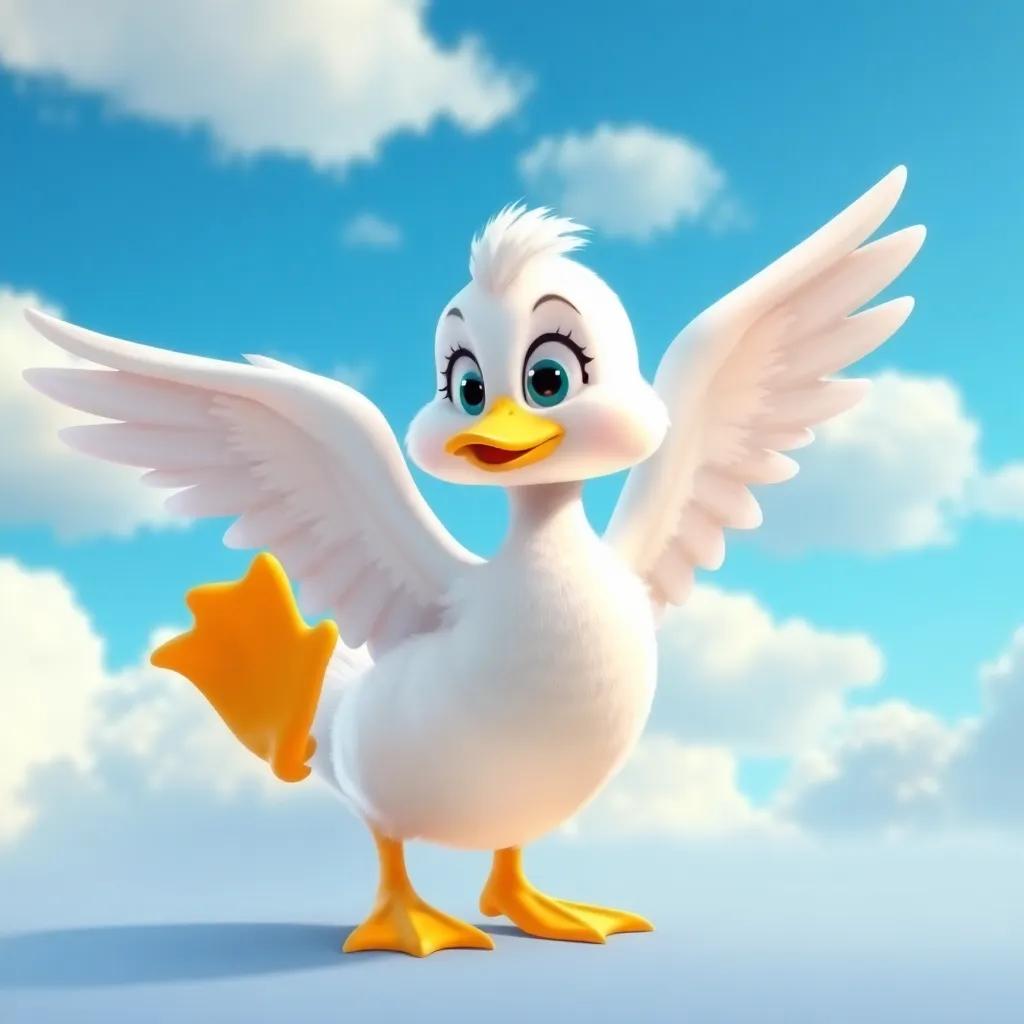 Lulu the duck, flapping her wings, with a determined expression while practicing flying, in front of a blue sky and soft fluffy clouds, digital art, inspiring and cheerful, bright colors, high quality