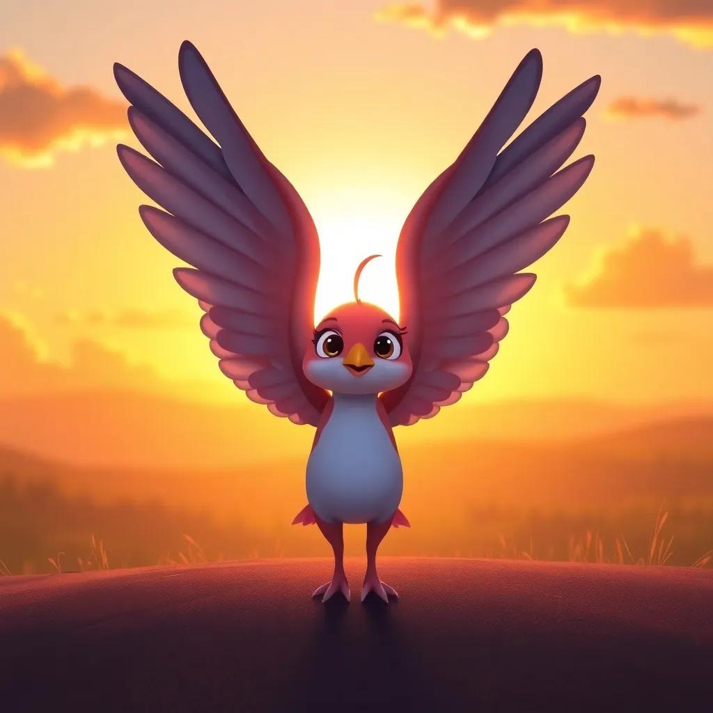 A beautiful sunrise in the background, as Lulu prepares for her big flying test, looking confident with her wings spread wide, illustration, serene and warm, uplifting vibes, high quality