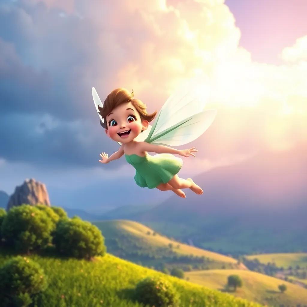 Lulu in mid-air, enjoying her first flight, smiling brightly with her wings fully extended, above a lush green landscape, digital painting, magical and joyous, crisp colors, high quality