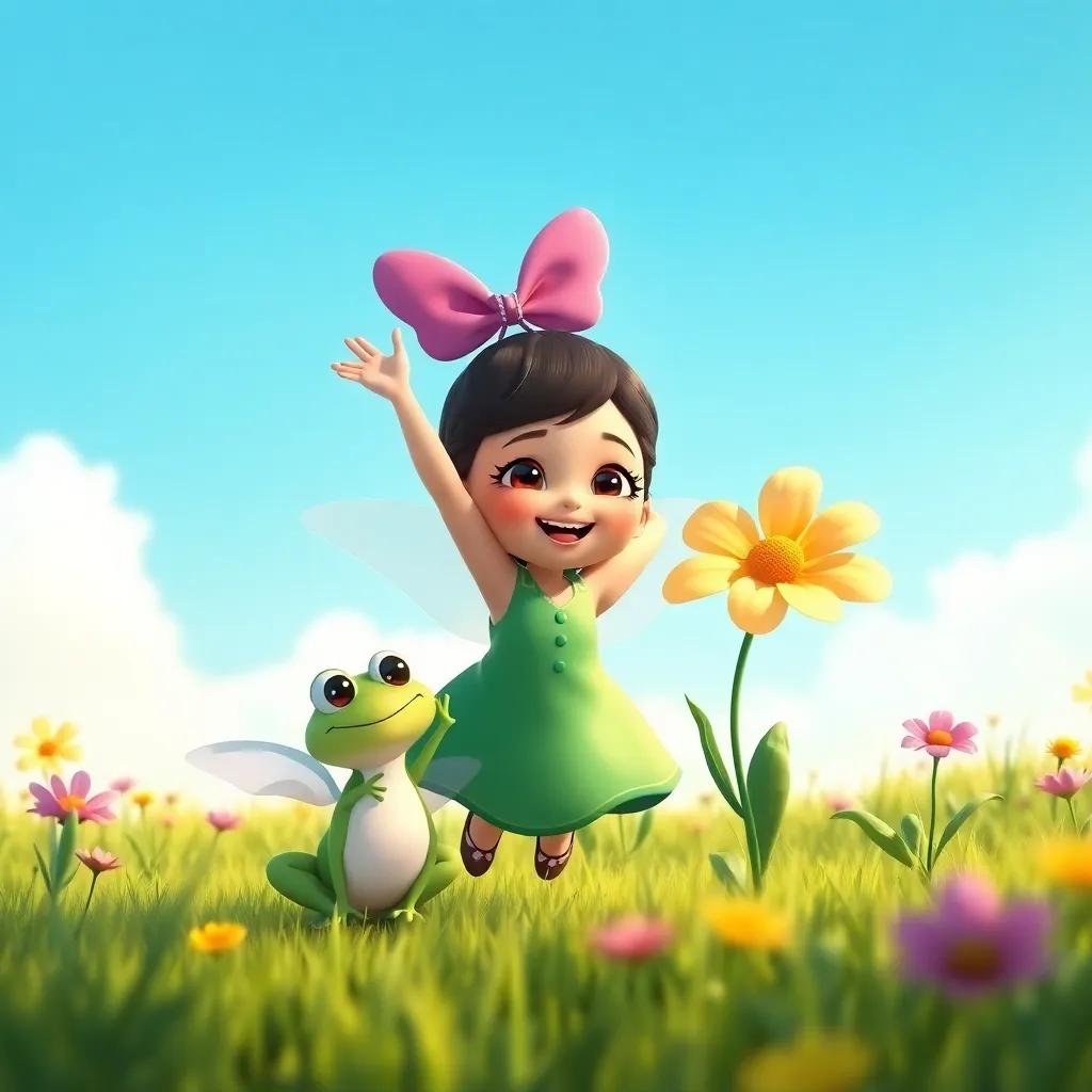 Lulu sharing her flying experience with friends, a froggy and a flower, celebrating her achievement, in a sunny meadow, illustration, cheerful atmosphere, vibrant colors, high quality