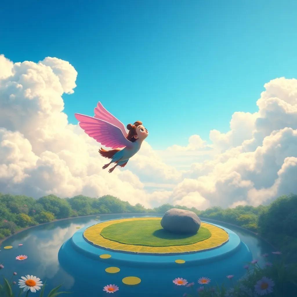Lulu soaring high above her pond, looking down at the beautiful world beneath her, clouds and blue sky, digital art, inspiring and free, bright colors, high quality