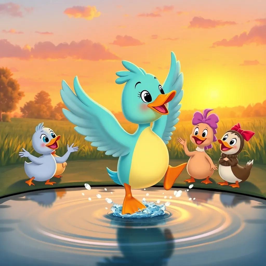 Lulu the duck, landing back on her pond, greeted by her friends with cheers, happy expressions all around, evening sun setting in the background, illustration, heartwarming and colorful, high quality