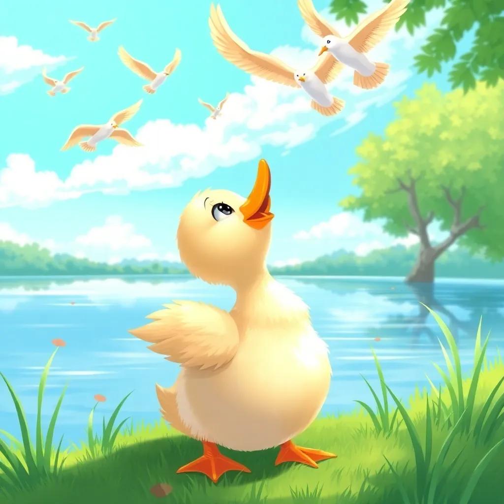 A small duck named Mariam looking up at birds flying in a bright blue sky, surrounded by a calm lake and green grass, cheerful atmosphere, vibrant colors, digital art, high quality