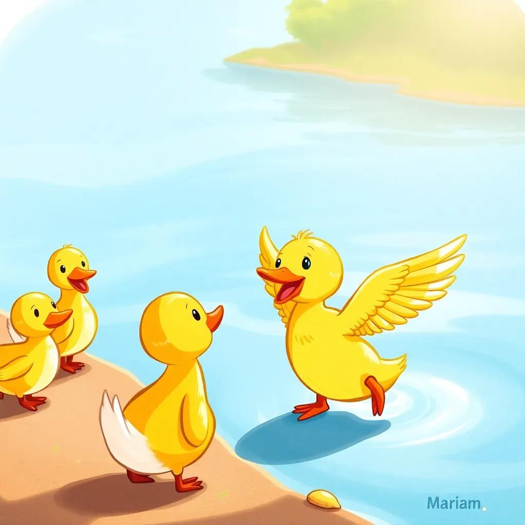 Mariam, the small duck, flapping her wings excitedly near the water's edge, with other ducks watching her, warm sunlight and a playful scene, illustration, child-friendly, colorful