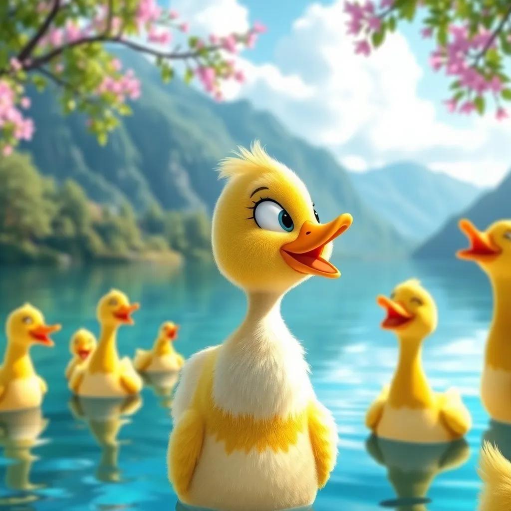 A small duck named Noura, with bright feathers, looking excited by a beautiful lake, surrounded by laughing other ducks, cheerful vibe, digital art, bright colors, inviting
