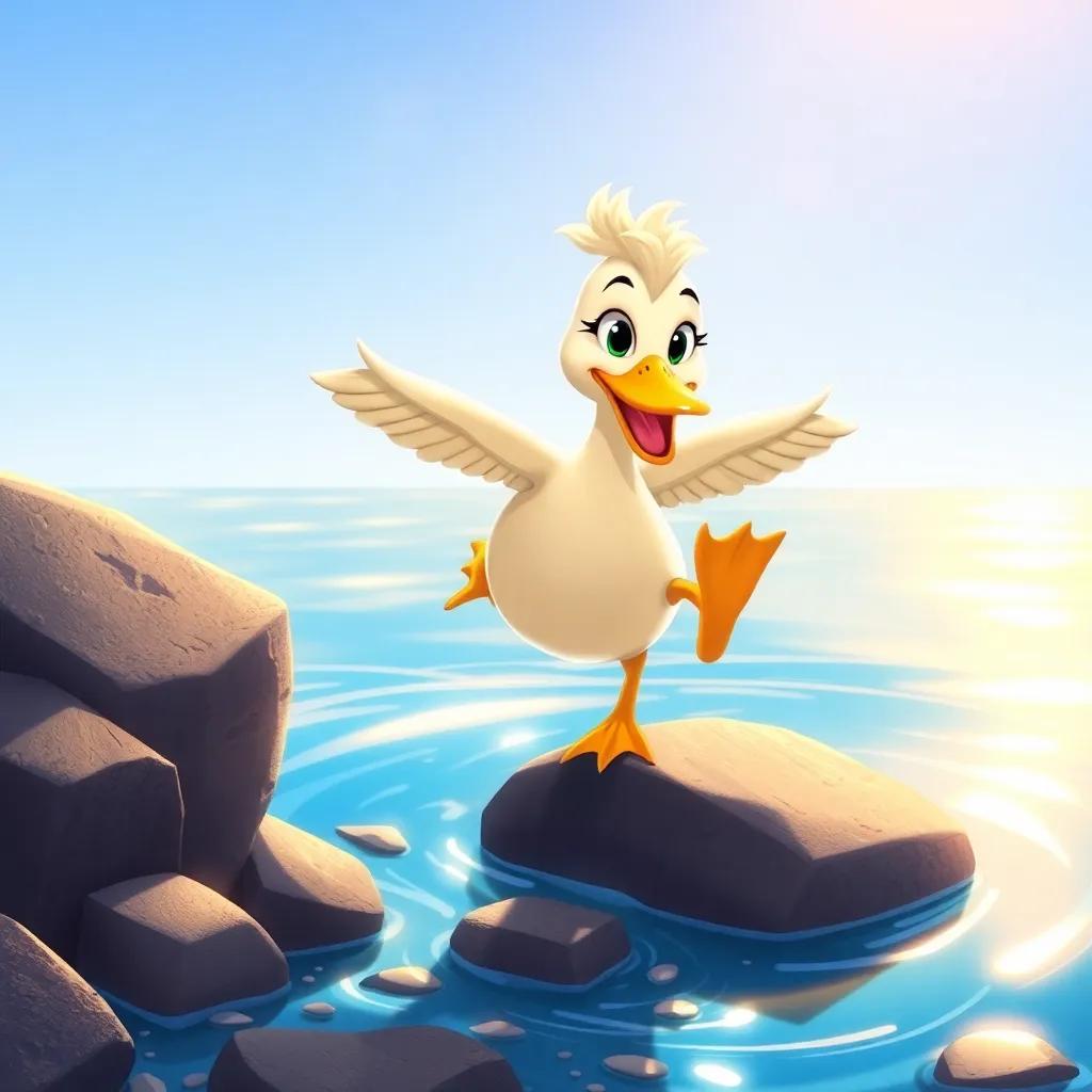 Noura the duck training on rocks, jumping into the water, determined expression, warm sunlight shimmering on water, vibrant illustration, cheerful, fun