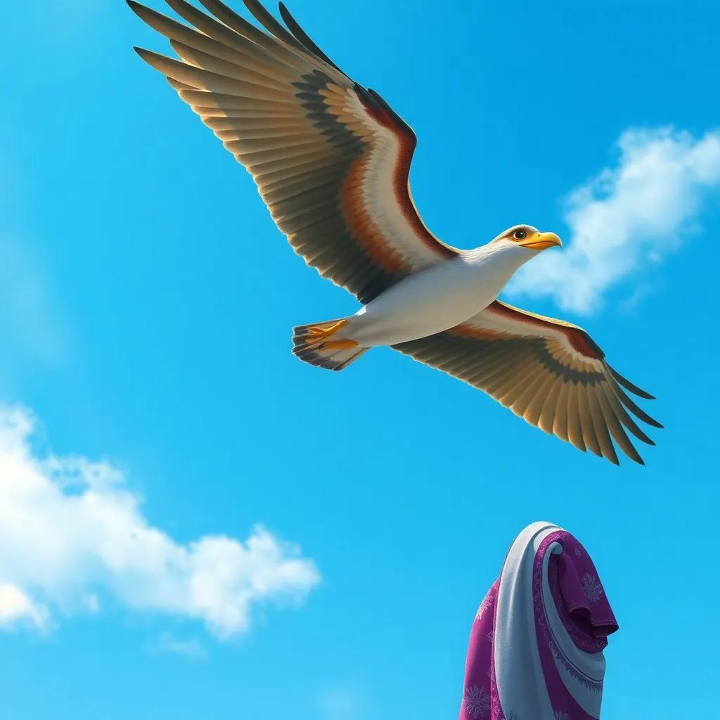 A large bird soaring in the sky, majestic figure, with Noura looking up in awe, clear blue sky, detailed and colorful, inspiring theme, fantasy