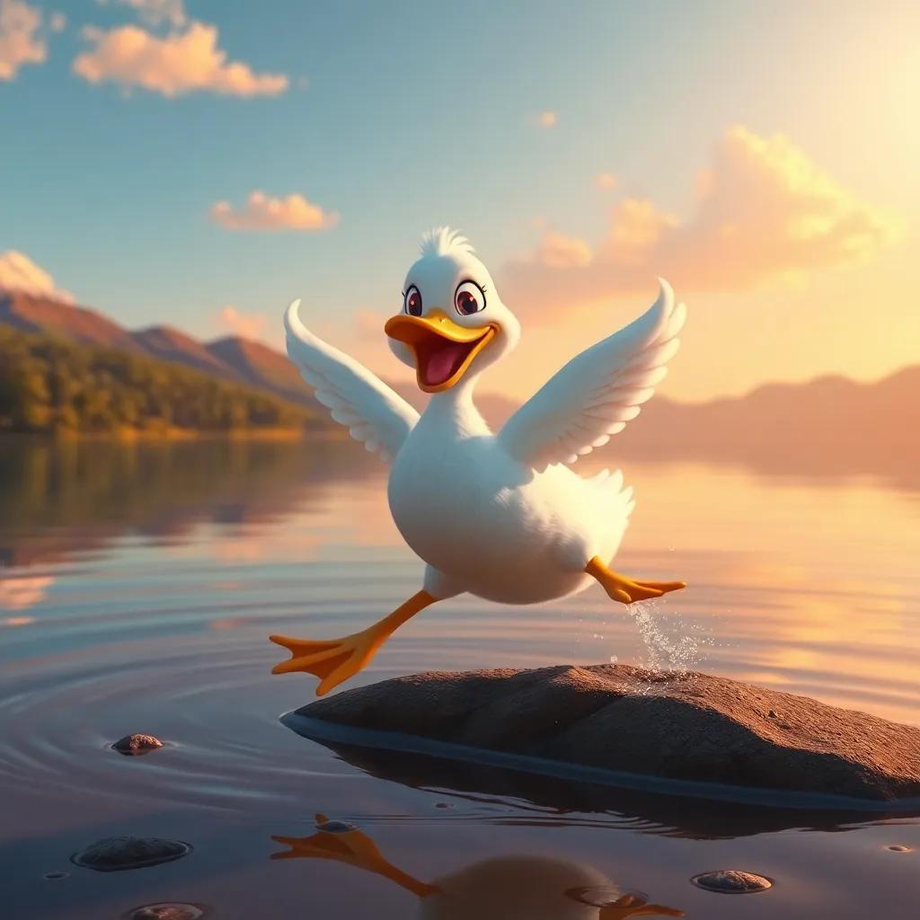 Noura the duck, full of courage, jumping off the shore with determination, beautiful lake surroundings, inviting warm colors, storytelling perspective, uplifting