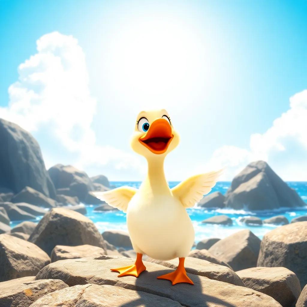 A bright sunny day, Noura the duck preparing to fly off the rocks, excited expression, bright and clear sky, child-friendly atmosphere, engaging scene, high quality