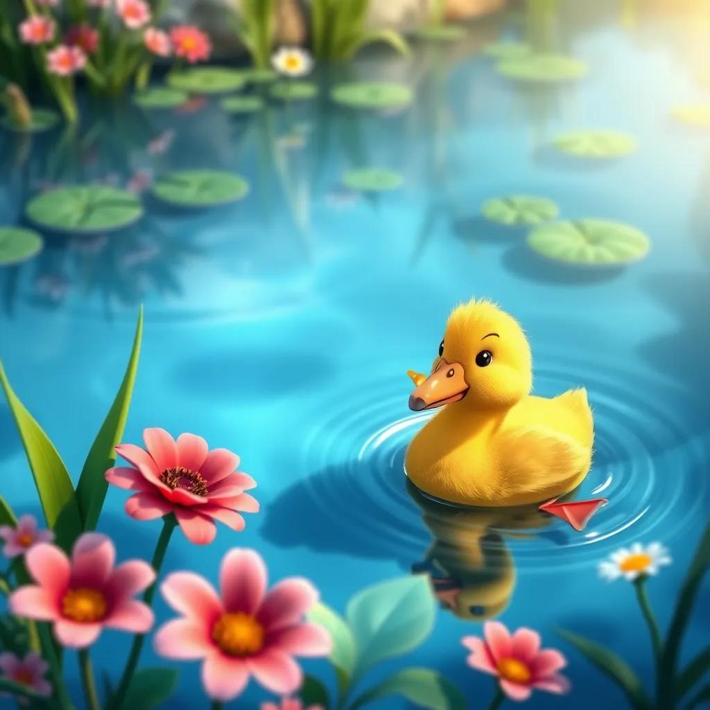 A small duck, happily swimming in a beautiful blue pond, surrounded by green plants and colorful flowers, digital art, cheerful atmosphere, bright colors, high quality