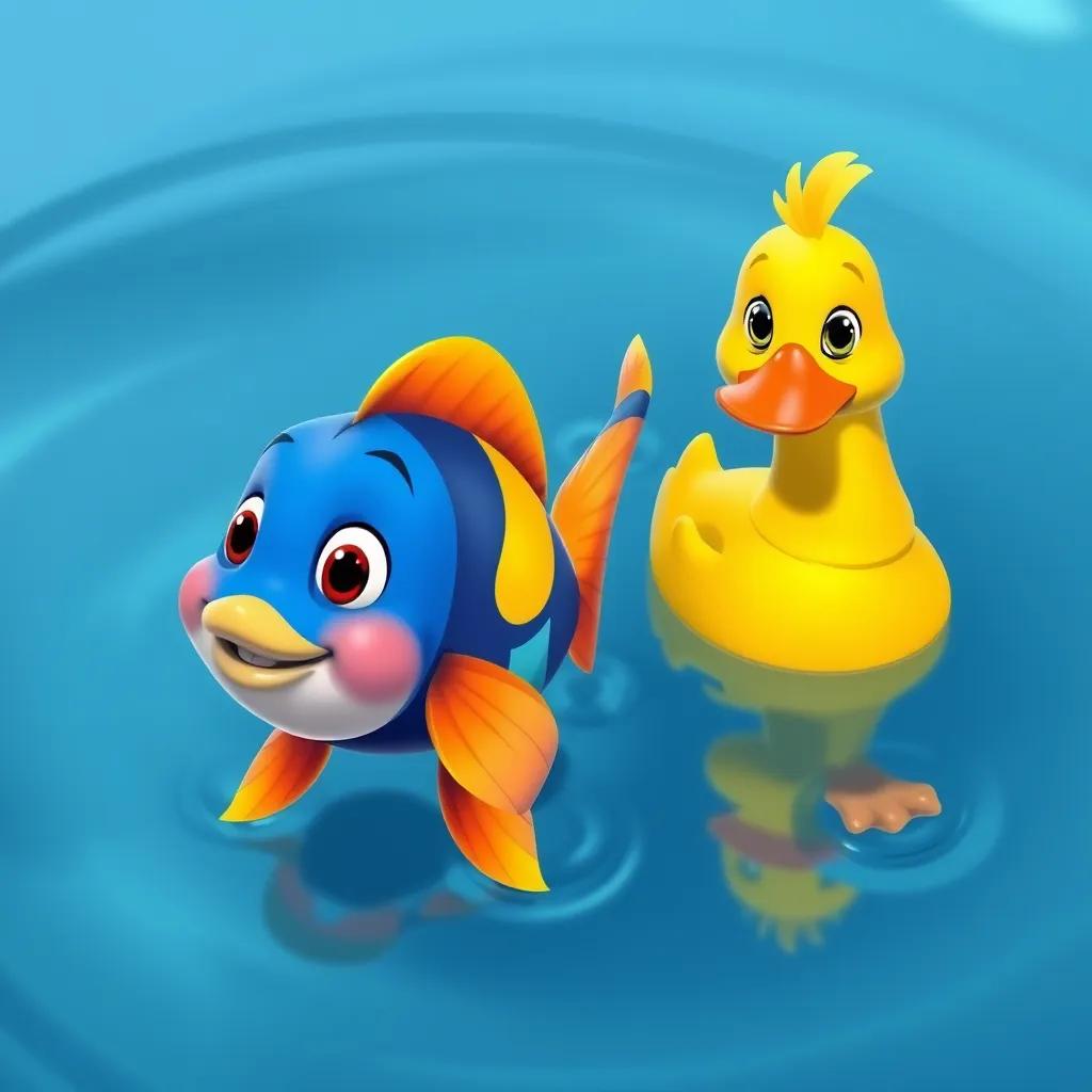 A colorful fish swimming alongside the duck, with a friendly expression, in a clear blue pond, digital illustration, vibrant and playful, child-friendly