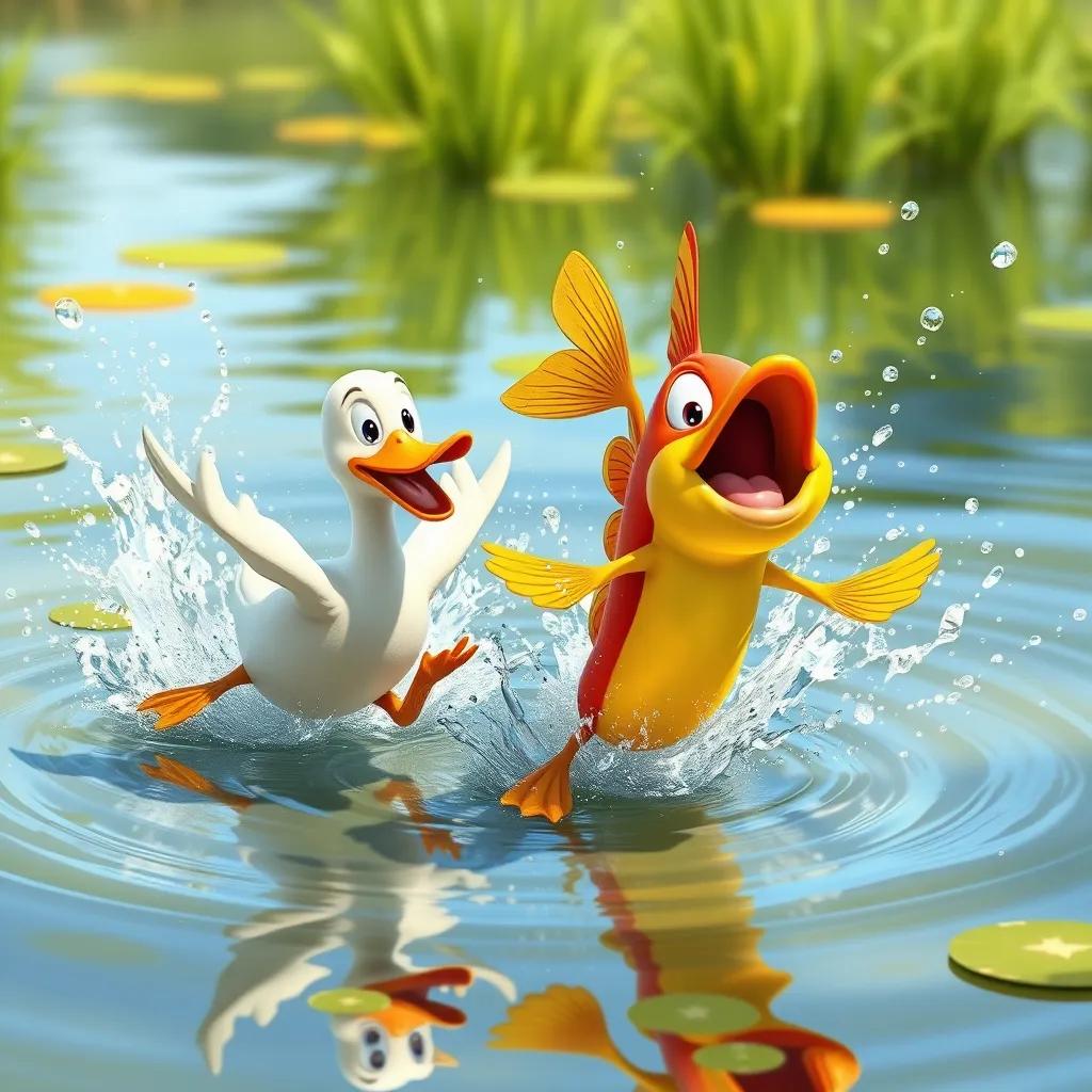 The duck and the fish racing each other in the pond, splashes of water flying around, both appearing excited, bright sunny day, whimsical style, high quality
