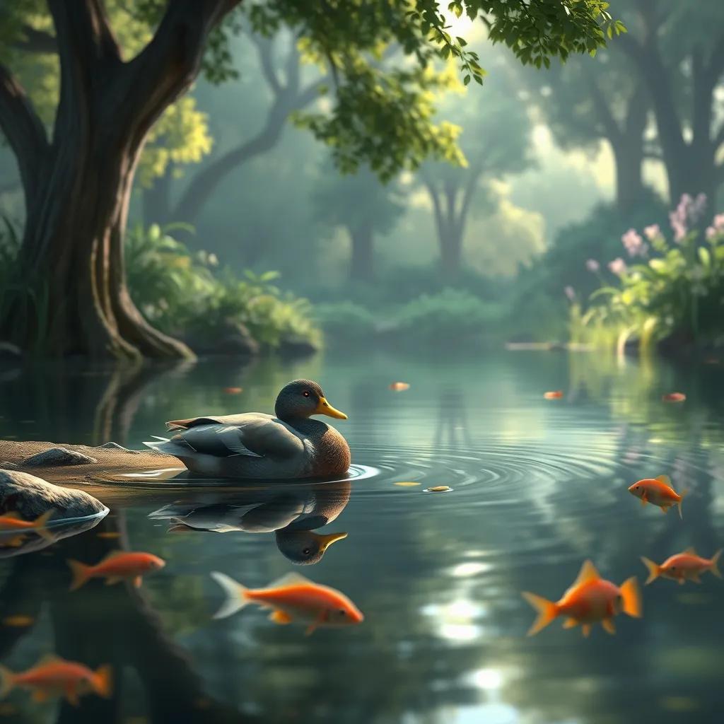 The duck resting on the pond's edge, with the fish swimming around her, a peaceful scene with soft sunlight filtering through the trees, digital painting, calming, serene
