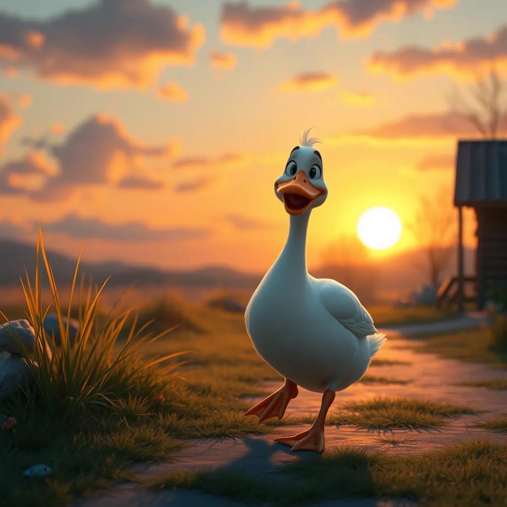 The duck walking home at sunset with a happy expression, reflecting on the great day spent with the fish, warm tones, warm light, heartwarming scene, detail oriented