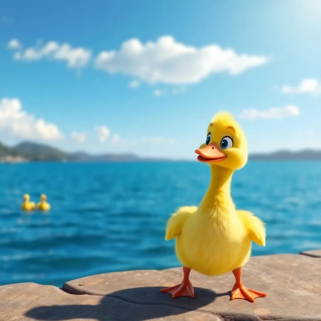 A small duck named Layla, with soft yellow feathers, standing by a beautiful lake under a bright blue sky, smiling and looking at her friends, digital art, cheerful colors, vibrant atmosphere, high quality