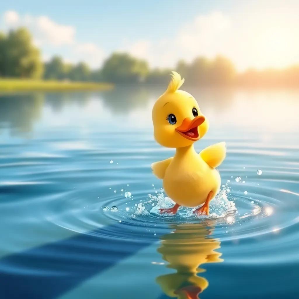Layla, the small duck, with soft yellow feathers, happily swimming in the lake as she leaps out of the water, bright sunlight sparkling on the water's surface, illustration, energetic, playful theme, child-friendly