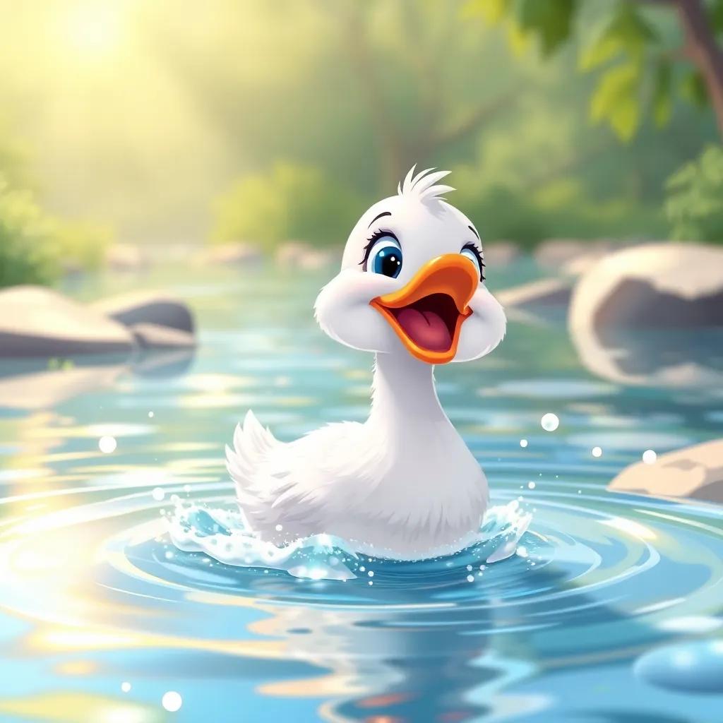A small white duck named Dalal, happily splashing in a sparkling river under the sun, vibrant colors, cheerful atmosphere, detailed illustration, playful mood