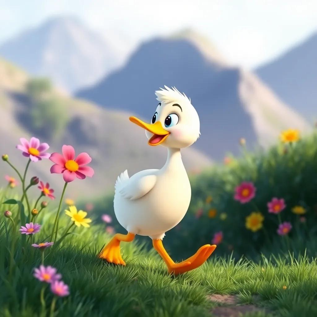 Dalal the duck walking on the grasslands, stopping to smell colorful flowers, cartoon-style, bright colors, joyful expression, nature background, engaging perspective