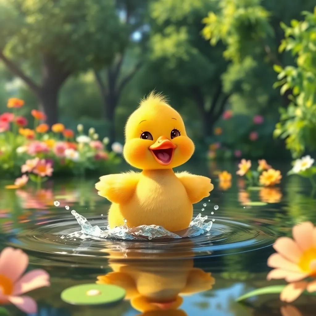 A cute little duck, with bright yellow feathers, joyfully splashing in a sparkling pond surrounded by lush green trees and colorful flowers, cheerful atmosphere, digital art, vibrant colors, soft lighting, child-friendly