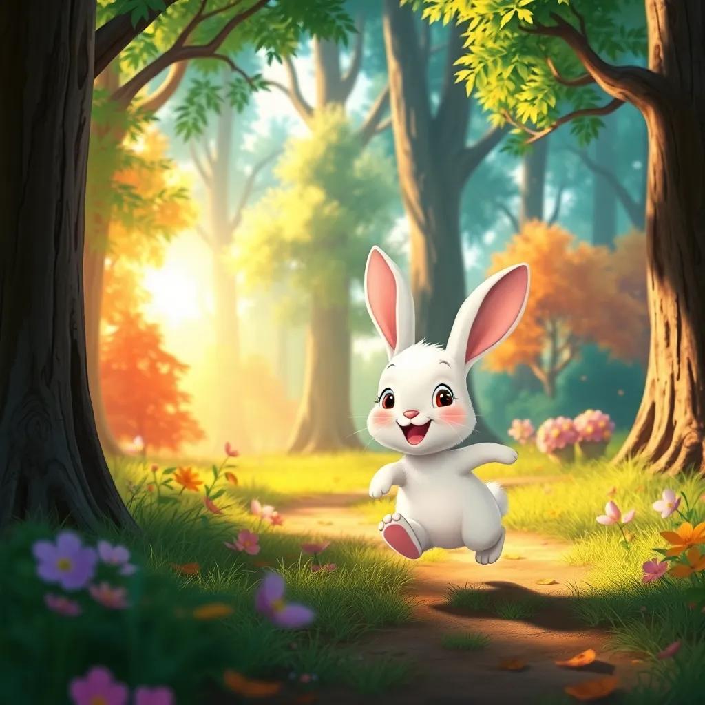 A small rabbit with soft white fur, happily hopping through a colorful forest, trees towering above and sunlight streaming through the leaves, whimsical illustration, warm colors, engaging perspective, adventure-themed, child-friendly