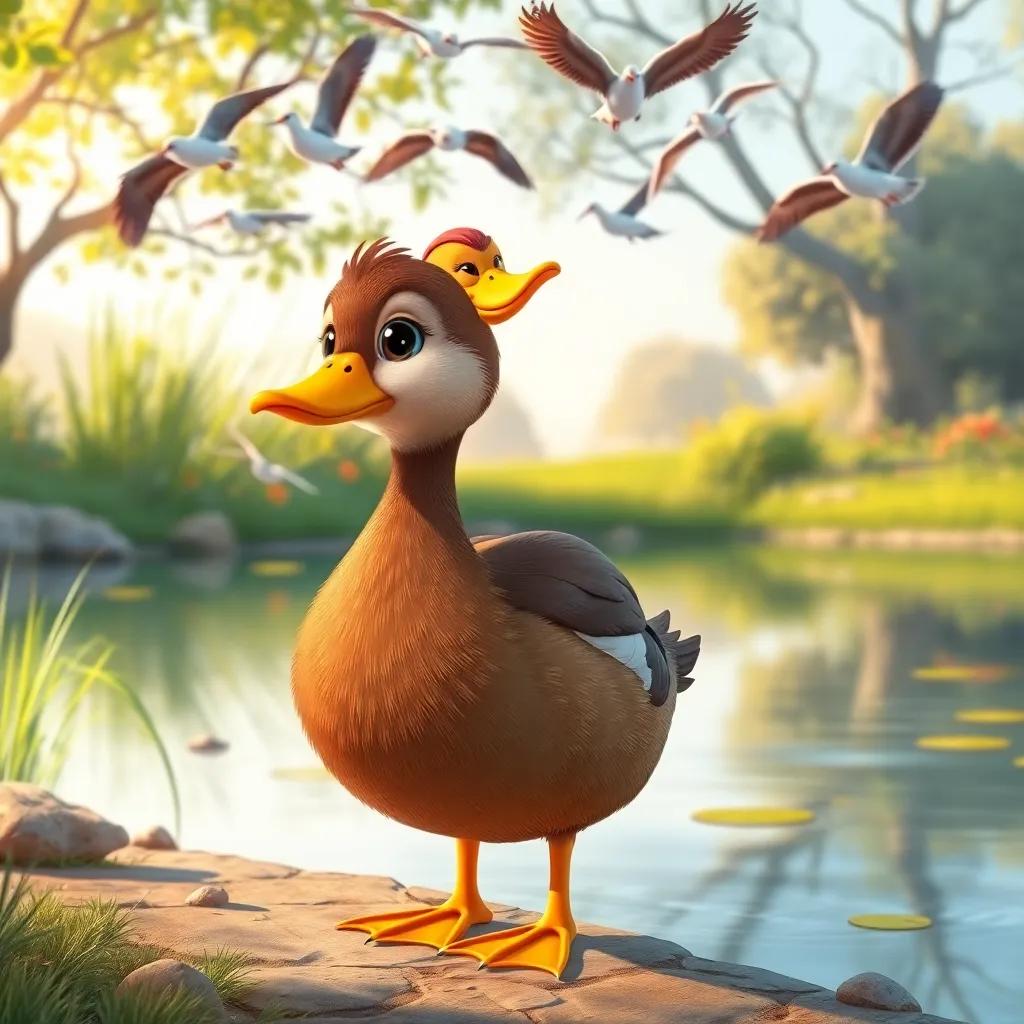 A Kuwaiti duck, Amani, with brown feathers like the night, standing by a peaceful pond with birds flying above her, vibrant morning scene, cheerful colors, calm light, child-friendly art, bright and engaging atmosphere