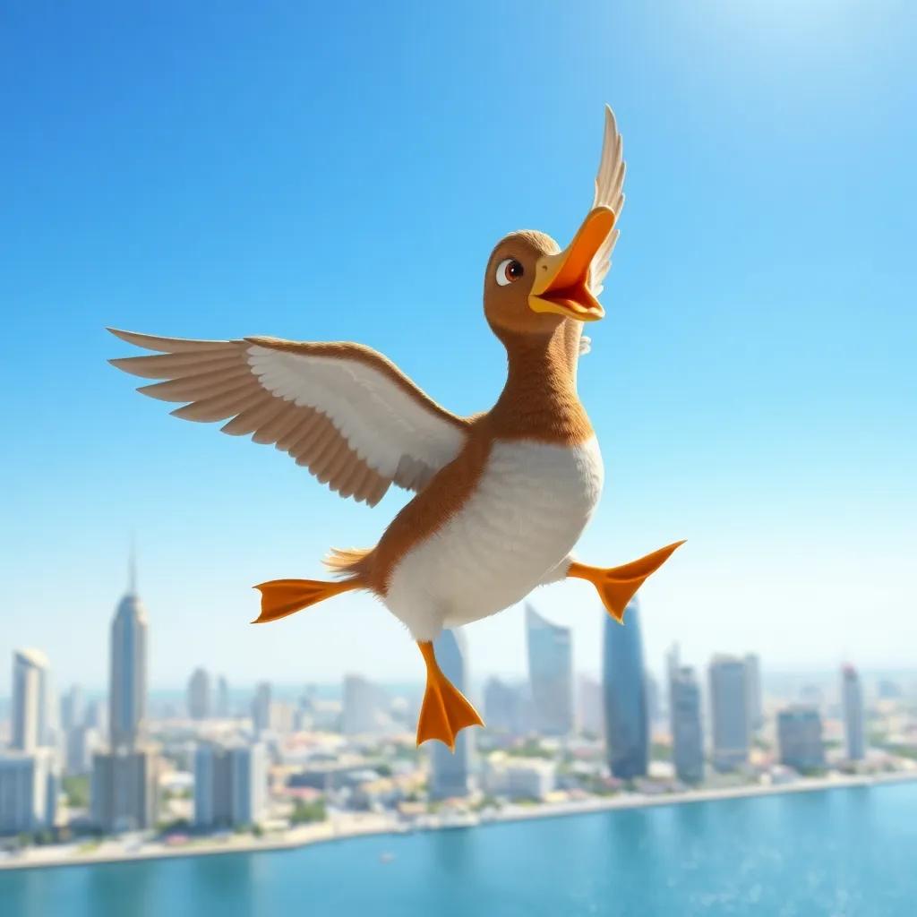 Amani, the Kuwaiti duck with brown feathers, flapping her wings joyfully, soaring above the Kuwait skyline, clear blue sky, sunlight sparkling on the water, whimsical art, magical moment, uplifting perspective