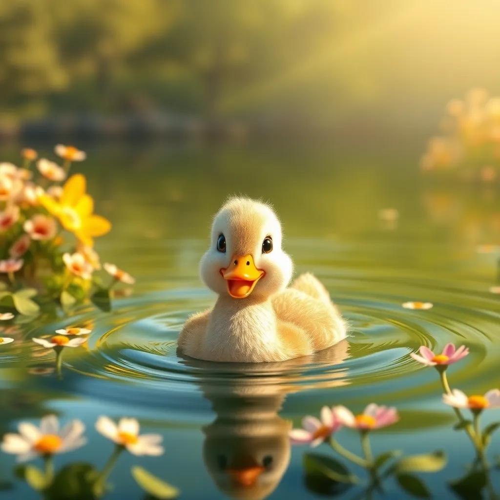 A cute duck, Lolo, happily swimming in a sunlit lake, with flowers around, cheerful and vibrant scene, digital art, warm colors, inviting atmosphere, high quality